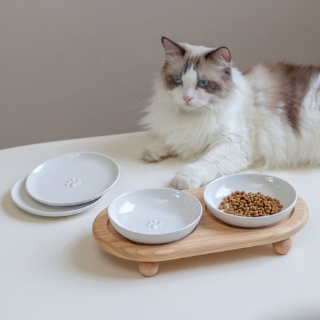 LarqeeWare Ceramic Raised Cat Dishes, Food & Water Bowl with 2 Style Stand Adjustable Raised Pet Bowl Set (2Dish+2Shallow Dish+Stand, White)