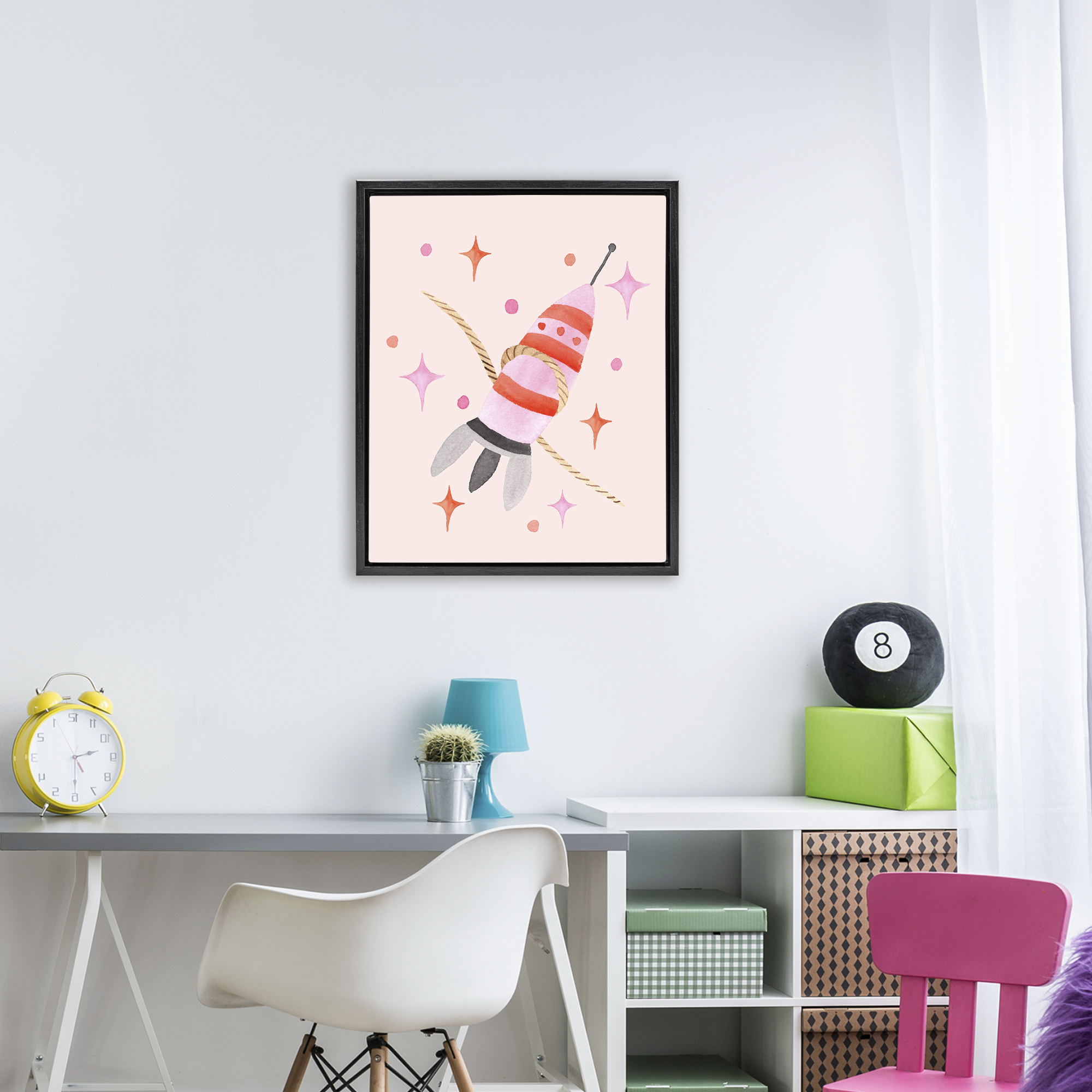 Spaceship with Lasso Black Framed Floater Canvas Wall Art, design by Nina Jacobs