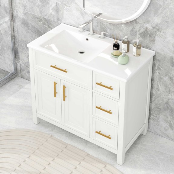 36 Inch Bathroom Vanity with Sink Combo, Drop-In Bathroom Vanity Cabinet with Two-Doors Storage Space, Solid Wood Bathroom Dresser with Three Drawers, White