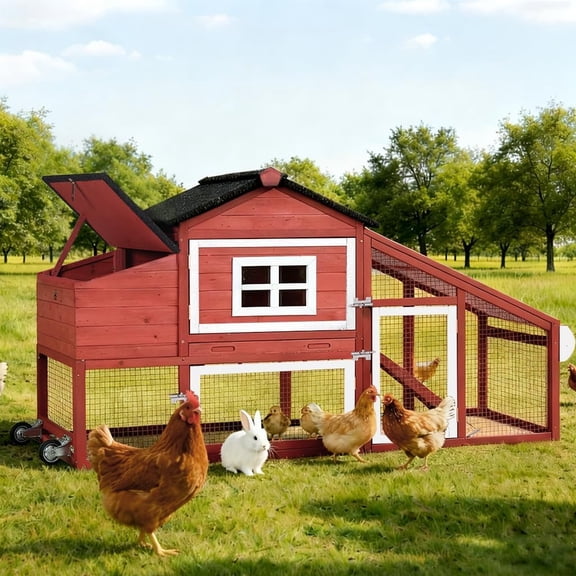 MEDEHOO Large Chicken Coop with Wheels, Expandable Mobile Chicken House for Outdoor Use, Hen House Poultry Cage with Nesting Box, Leakproof Pull-Out Tray & UV-Resistant Roof – Red