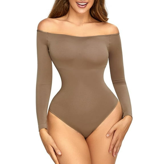 SAYFUT Round Neck Long Sleeve Body Suits for Womens Tummy Control Thong Shapewear Bodysuit