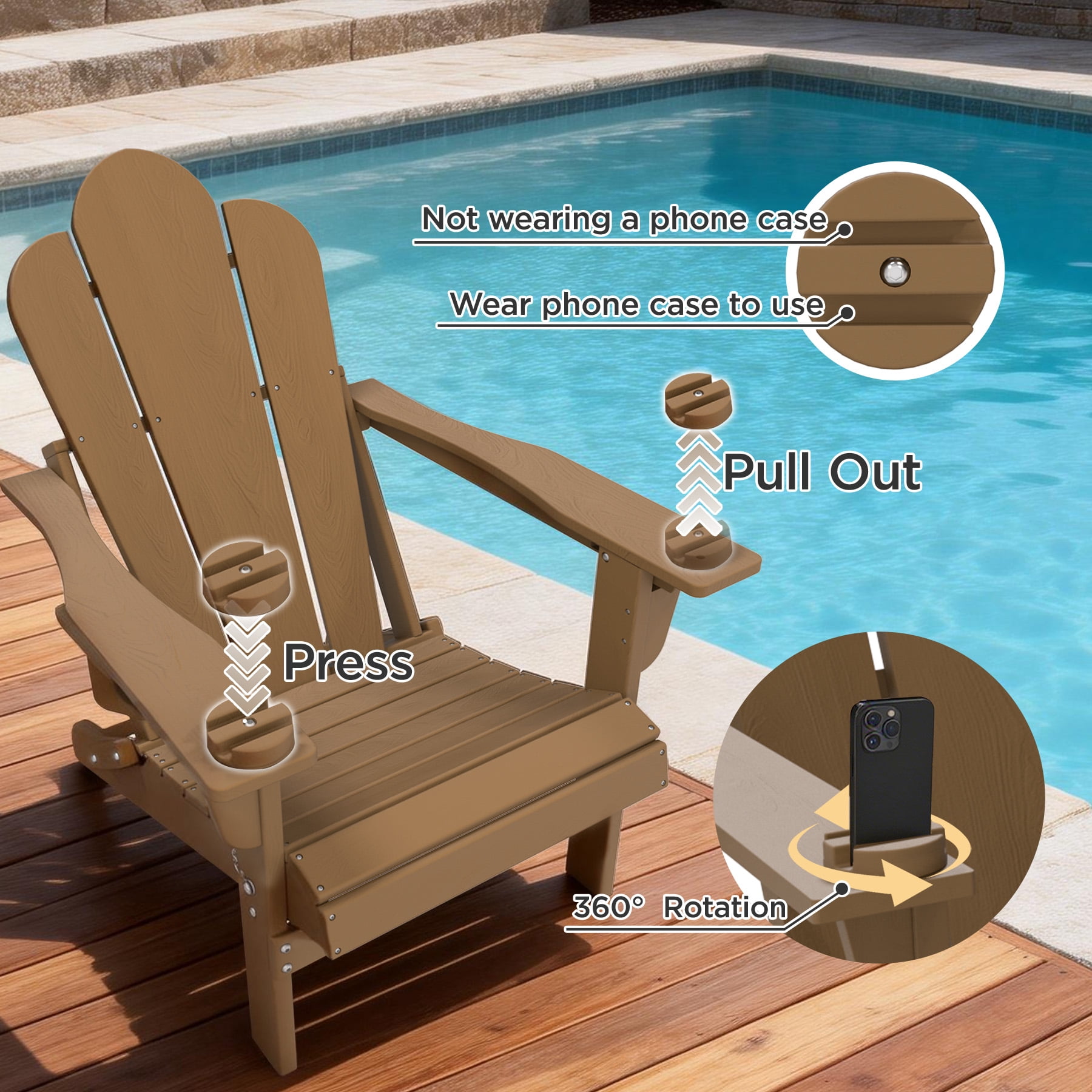 Tappio Folding Adirondack Chair Set of 2, All Weather HDPE Outdoor Patio Chairs with 3- Position Adjustable Backrest, Detachable Multifunctional Holders and Cup Holders, Fire Pit Chairs, Brown