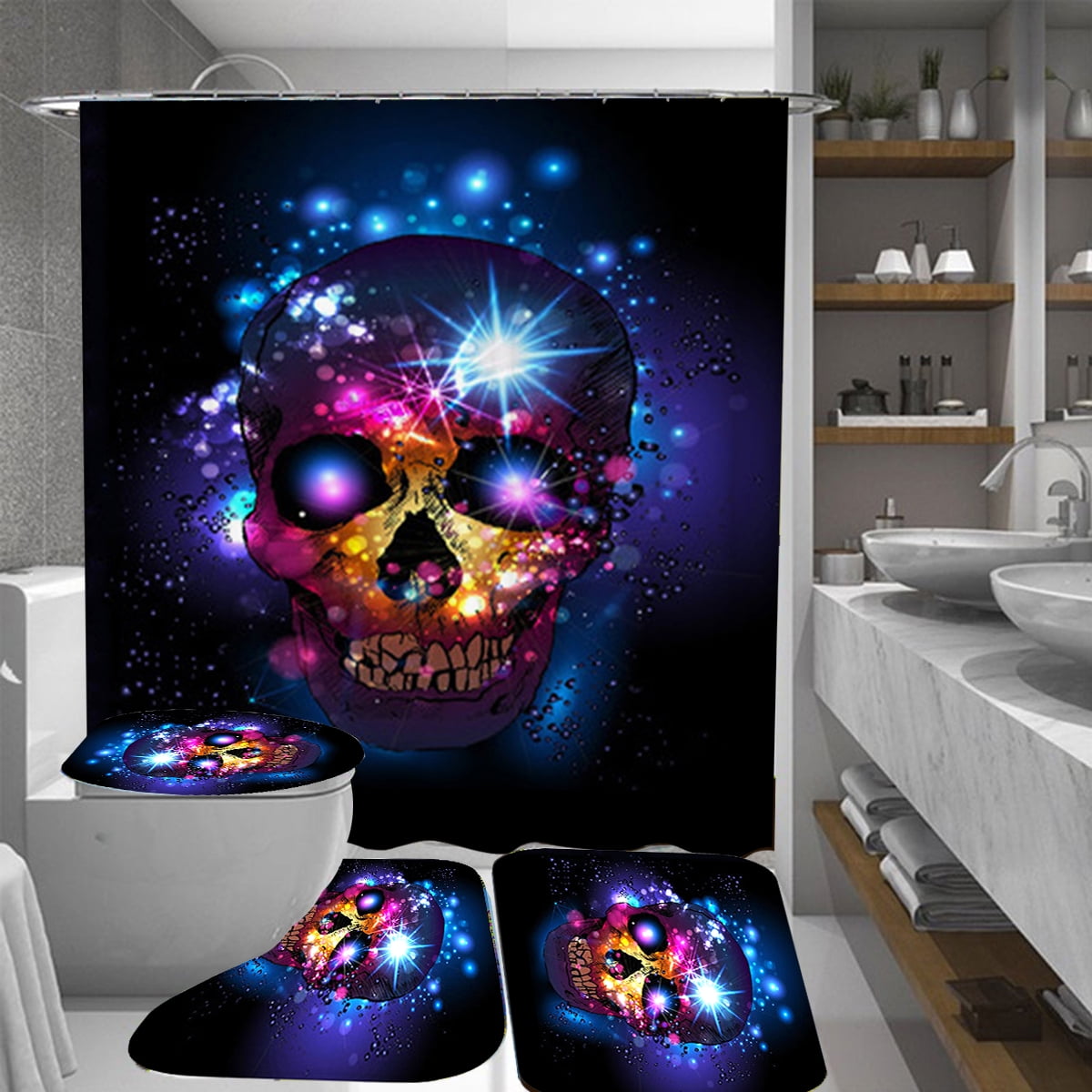 Skull Polyester Microfiber Waterproof Fabric Shower Curtains 4-Piece Bathroom Set Girly Skull and Crossbones Checkered Pattern Simple Artistic Design Image Machine Washable Bright Color W72 xL72