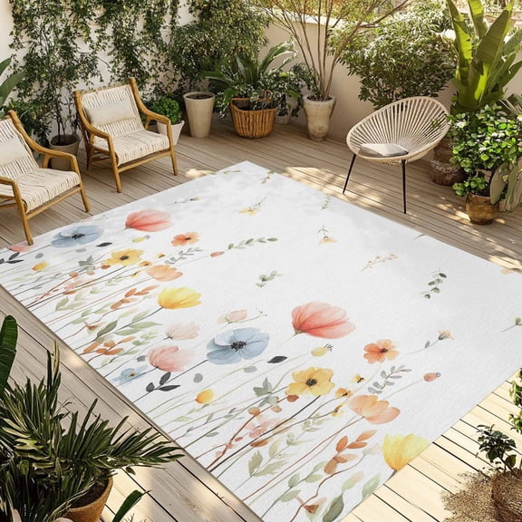 Spring Wildflowers Outdoor Rug 3x5 Ft - Reversible Patio Rug Outdoor Camping Rugs, Watercolor Rustic Flowers Floral Leaves Indoor Outdoor Area Rugs, Non-Slip Outdoor Carpet Runner for Deck/Porch