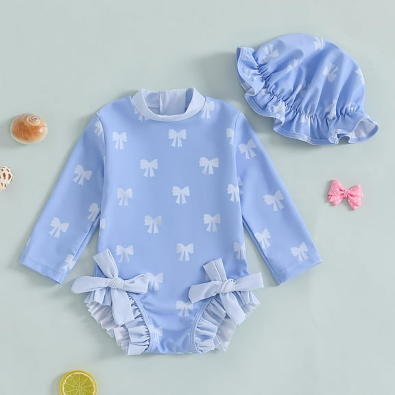XIMIN Infant Baby Girl Swimsuit Bow Print Long Sleeve Zipper One Piece Bathing Suit with Sun Hat Summer Beach Swimwear Sun Rash Guard (2-3 Years, Blue)