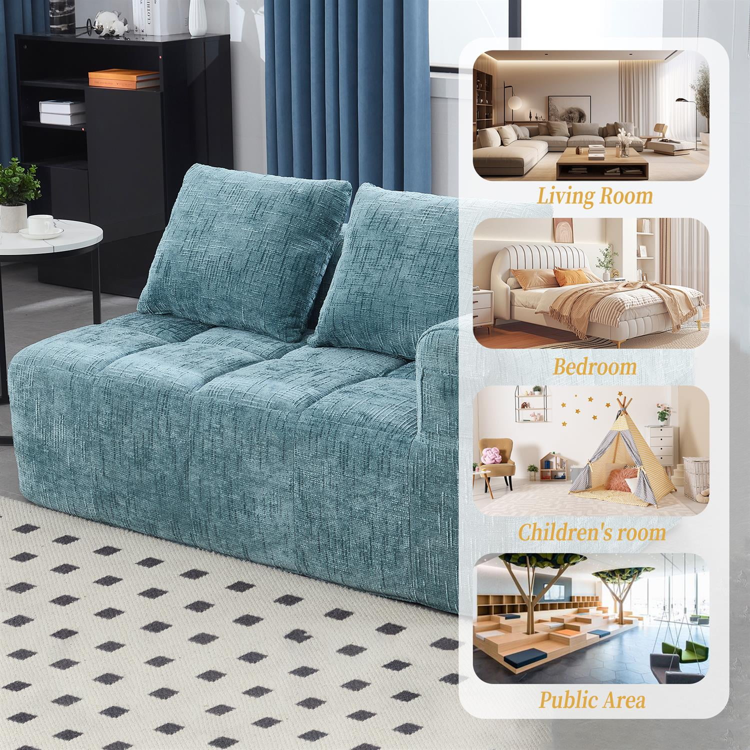 Demi Bonn 62" Plush Chenille Loveseat Sofa, Modular Sleeper for Living Room, Bedroom, Apartment Lounge, Stylish & Comfortable Couch, Blue