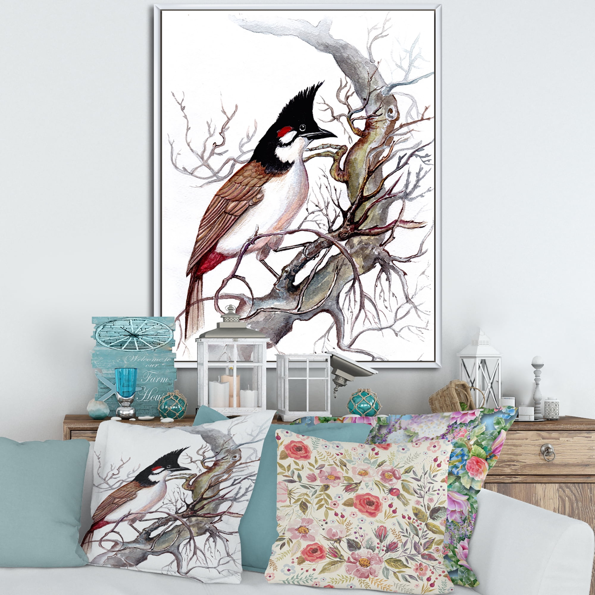 Designart 'Ancient Beautiful Bird On A Branch' Traditional Framed Canvas Wall Art Print