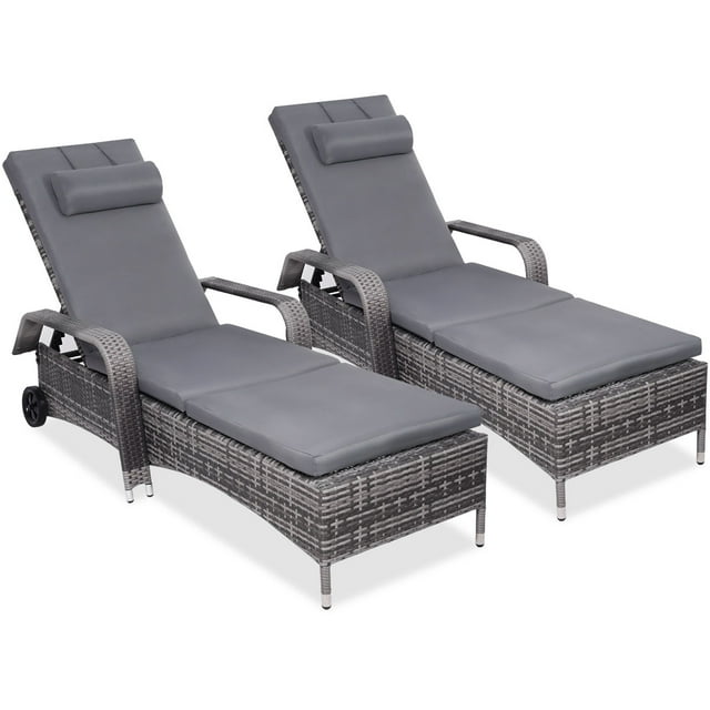 Costway 2PC Rattan Chaise Lounge Chair Recliner Cushioned Patio Furni Adjustable W/Wheel