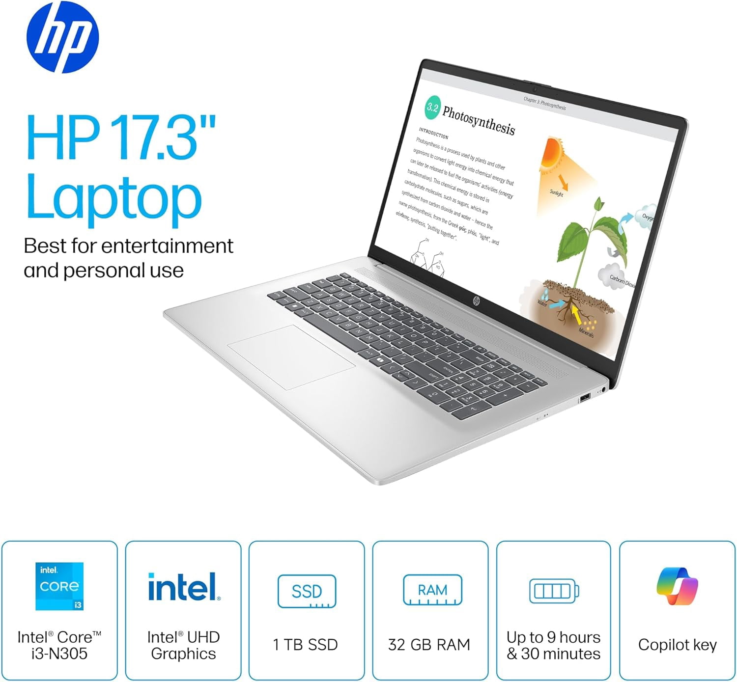 HP 17.3" Laptop Compurter for Business & Student , 8-Cores Intel i3-N305, 32 GB RAM, 2 TB SSD, Anti-Glare Display, Windows 11 Pro, Bluetooth 5.3, Silver