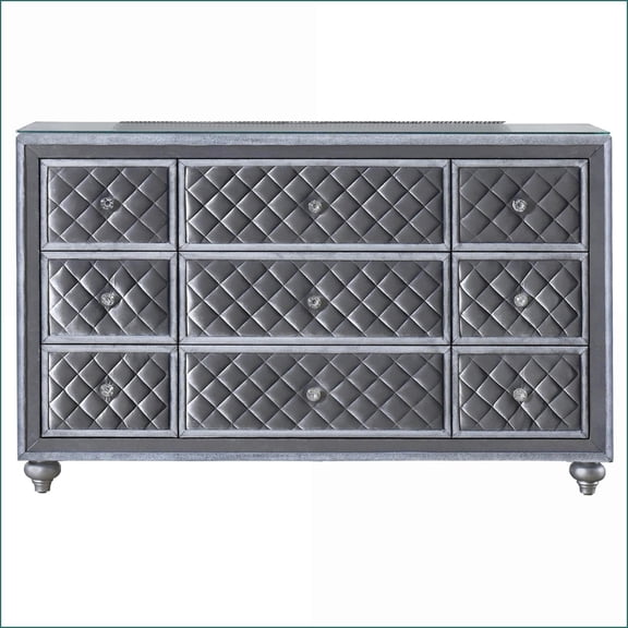 Dresser, 9-Drawer Glam Traditional with Tempered Glass Top, Velvet Tufted Fronts | Gray | Wood