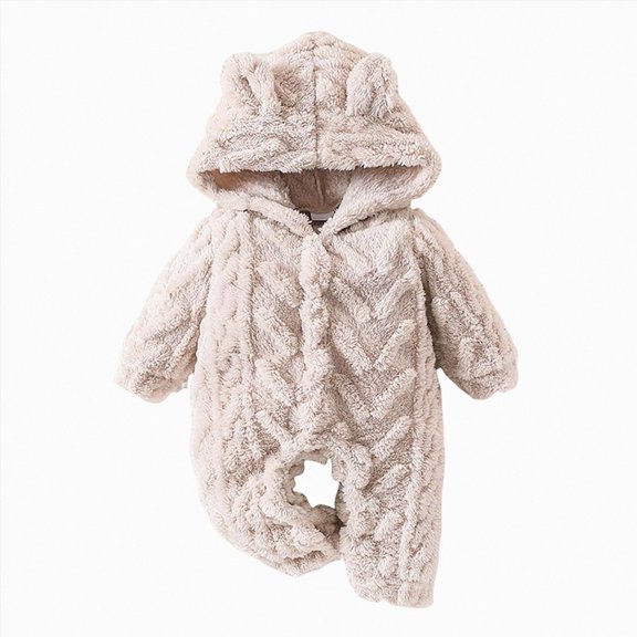 6-9 Months Newborn Baby Fleece Hooded Bear Ear Plush Romper Warm Winter Zipper Jumpsuit For Infan Snowsuit
