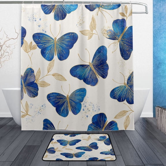 Bath Curtain & 60x72in Non-Slip Bath Mat Set 12-Grommet Shower Curtain Memory Foam Bath Rug Watercolor Blue Butterfly