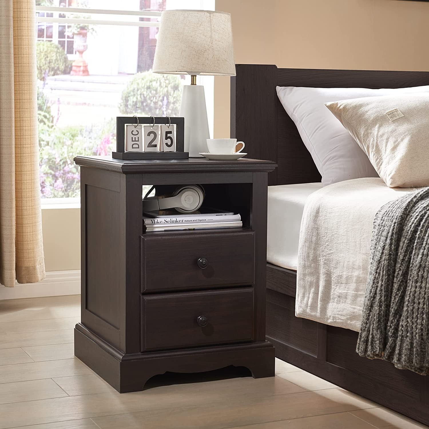 OKD Vintage 2 Drawer Nightstand with Charging Station for Bedroom, End