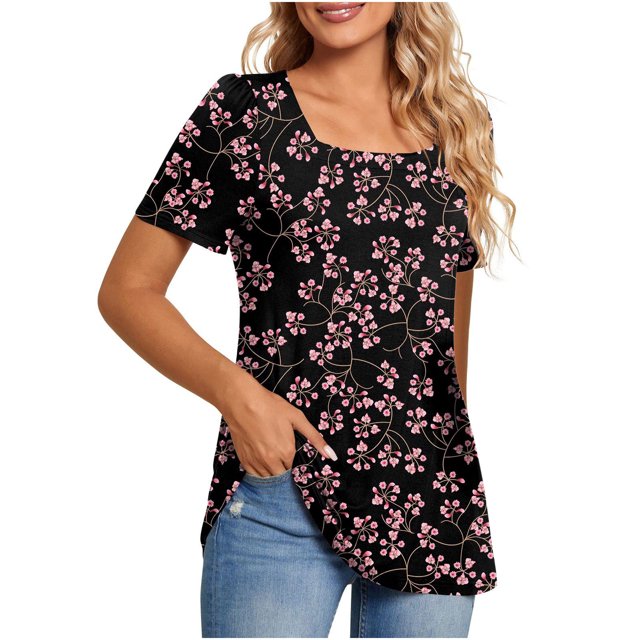 Camisetas informales de verano para mujer, cuello cuadrado, manga corta, túnica, blusas sueltas y cómodas OAVQHLG3B Store lin121212