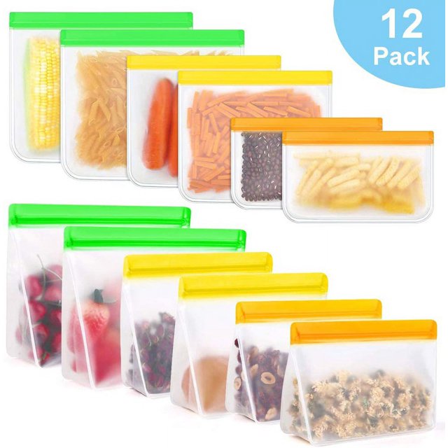 Bolsas para sándwich reutilizables, 12 bolsas de almacenamiento sin BPA (15,3x10,5x5,1 cm 4 piezas) (20,3x14,5x5,1 cm 4 piezas) (25,4x18, 3 x 5,1 cm 4 piezas) para organizador de casilleros de alimentos Bolsa de protección ambiental impermeable súper gruesa ER