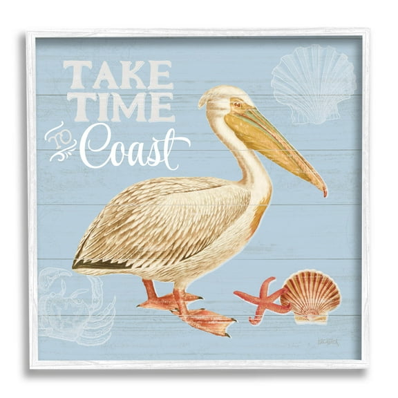 Stupell Industries Time To Coast Nautical Pun Pelican Graphic Art White Framed Art Print Wall Art, Design by Katie Pertiet