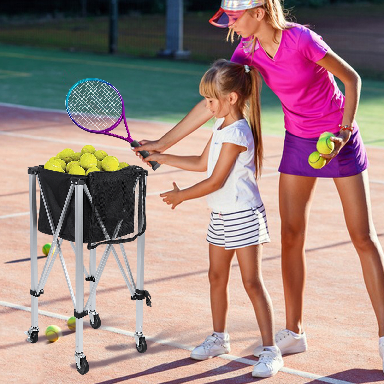 solautey Tennis Ball Hopper for 160 Balls, Tennis Ball Basket for Serve Training, Foldable Tennis Ball Cart with Storage Bag, Portable Pickleball Baseball Hopper Basket