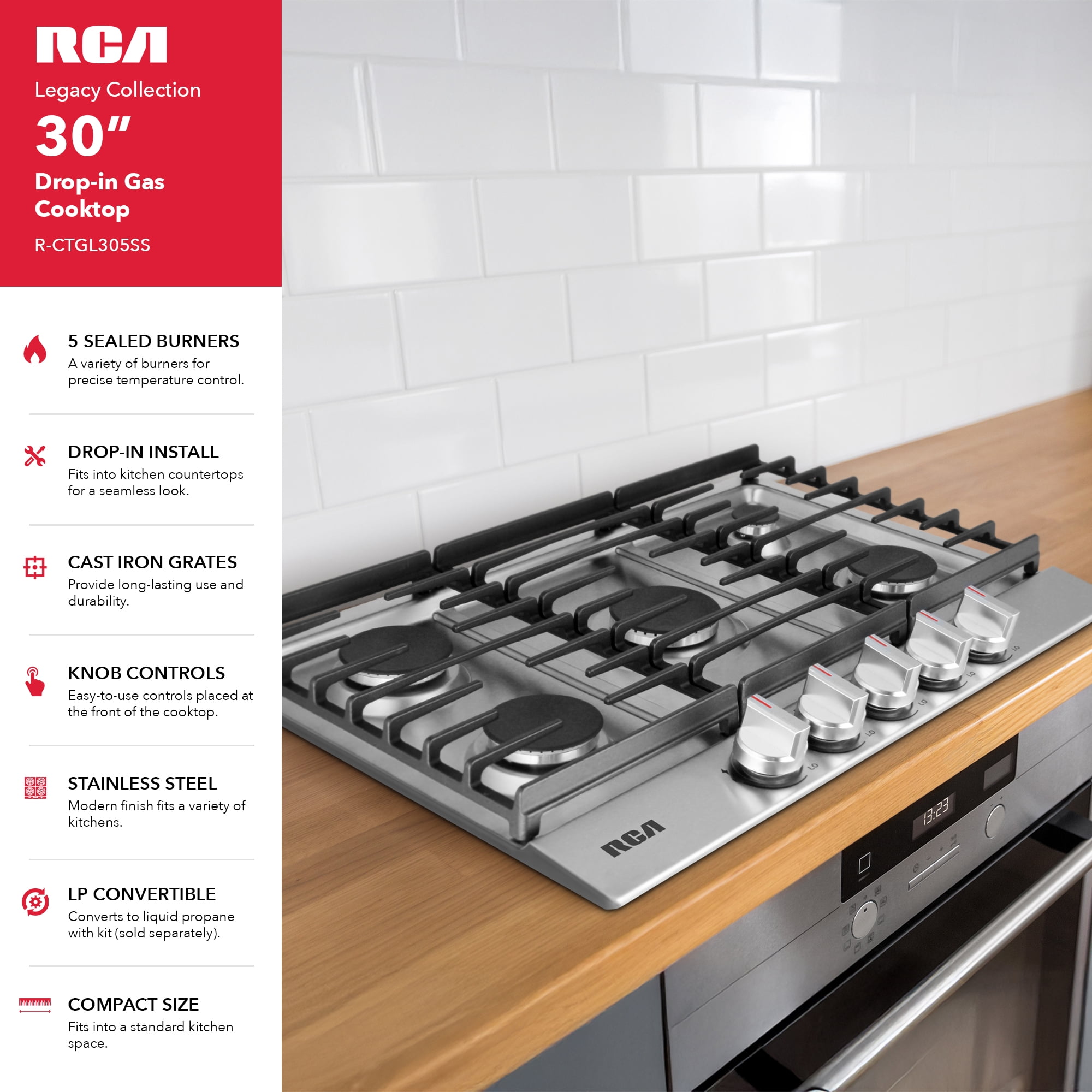 30 in. Legacy Collection Drop-In Gas Cooktop, 5 Burners, Cast Iron Grates, Metal Knobs in Stainless Steel