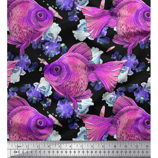 Soimoi Japan Crepe Satin Fabric Fish Ocean Decor Fabric Printed Yard 42 Inch Wide