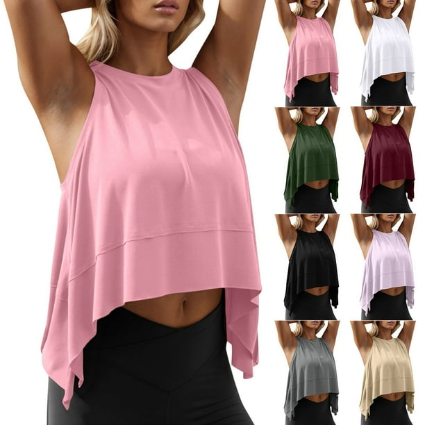 Blusa de manga larga,Top corto sin mangas liso para mujer, camiseta deportiva para gimnasio, tejido suave y ligero, cuello redondo, ropa informal, sopatenor