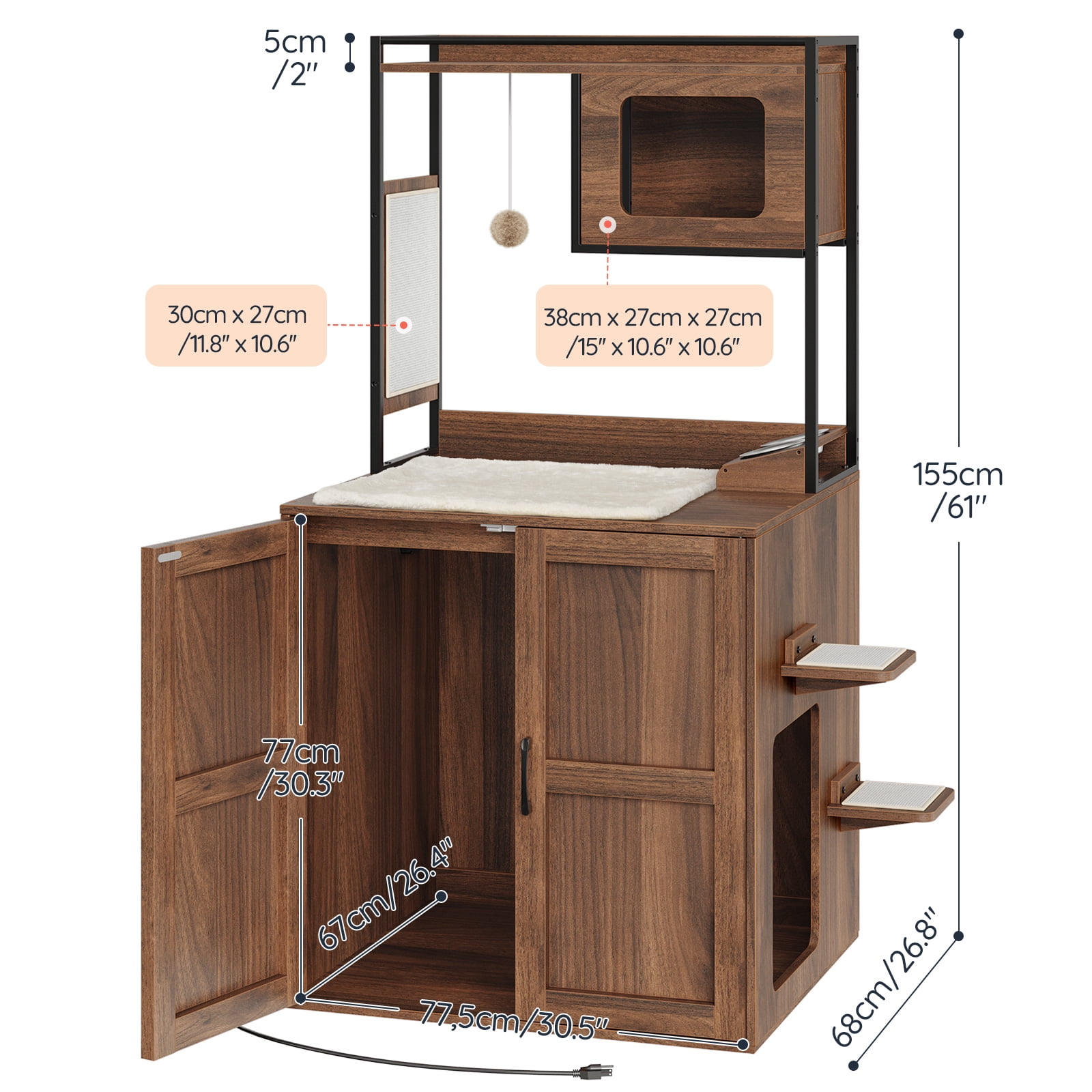 HOOBRO Cat Tree with Hidden Litter Box Enclosure & Scratching Mat, Walnut