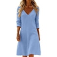 thumbnail image 2 of Bixock Casual Dresses for Women V Neck Mid Sleeved Pleated Cotton Linen High Waist A Line Summer Dresses for Women Beach Vacation Midi Dresses, 2 of 6