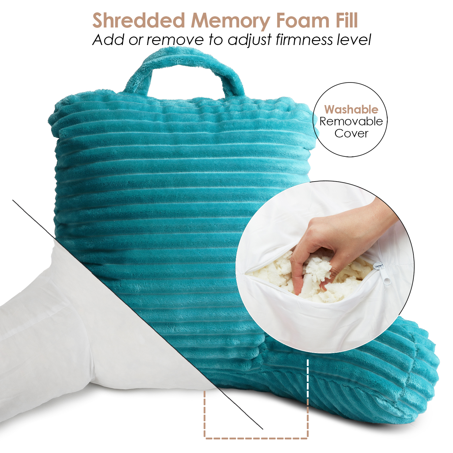 Clara Clark Cut Plush Striped Reading Pillow for Kids & Teens, Small Back Pillow, Back Support Pillow, Shredded Memory Foam Bed Rest Pillow with Arms, Teal