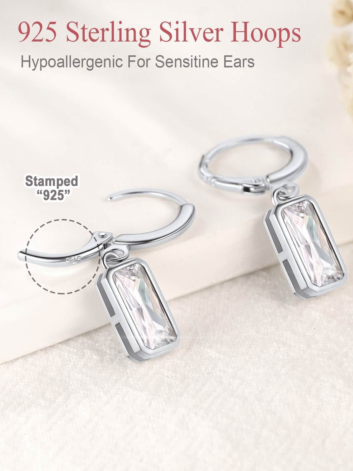 FOCALOOK Birthstone Dangle Hoop Earrings for Women Sterling Silver Square Cubic Zirconia April Created Diamond Leverback Huggie Drop Earrings Birthday Valentines Day Jewelry Gift