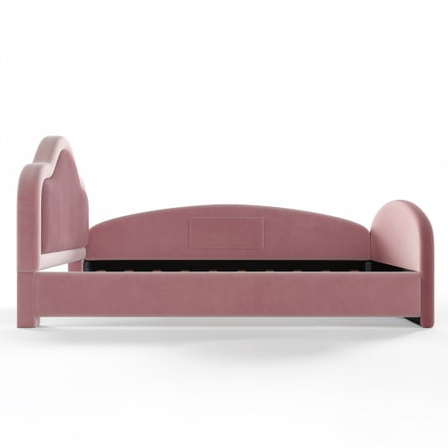 Full Size Upholstered Kids Floor Bed with Curved Headboard, Safety Side Rails & Storage Pocket, Low Profile Playhouse Bed, Pink