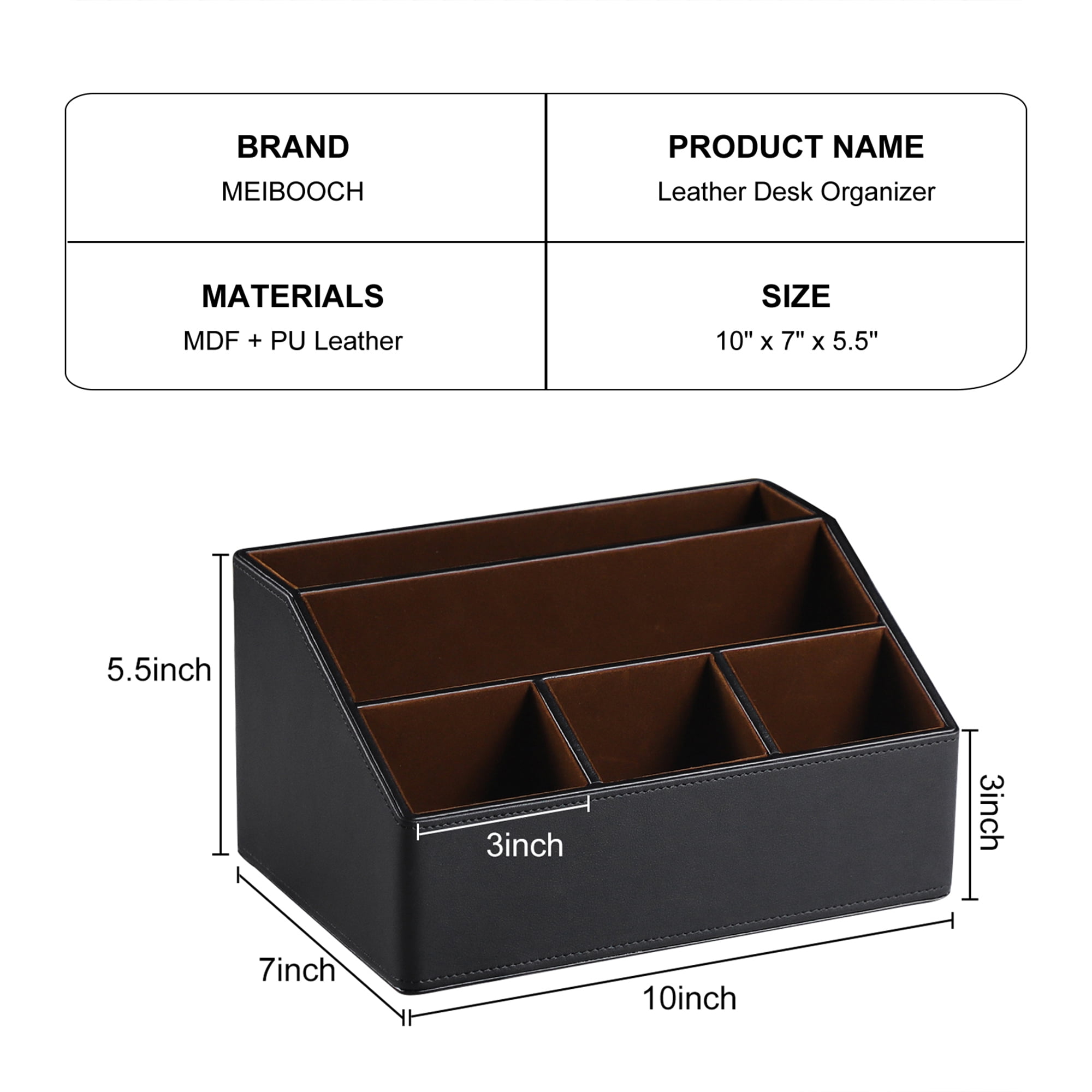 MEIBOOCH PU Leather Desk Organizer, Luxury Remote Control Holder for Home, Office Desk Accessories Table Caddy Bedside Nightstand Organizer (Black)