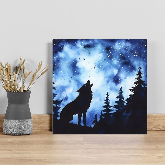 Wolf Black Silhouette Wall Art Painting on Canvas, Forest Starry Night Canvas Art Home Prints Wall Art Framed Modern Artwork for Living Room Bedroom Wall Decor 12x12in
