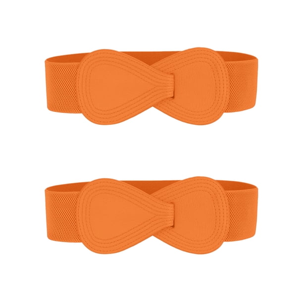 Cinturón elástico de cuero sintético con hebilla en forma de 8 Inspire Chic de 2 piezas para dama 33.5x2.36" (LxW) Naranja
