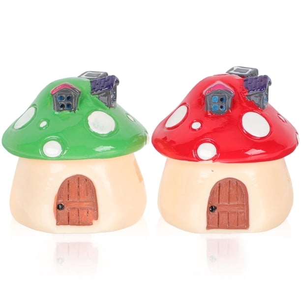 2 piezas de adornos de hongos, accesorios, estatua de exterior, figura de hada, figuras en miniatura de jardín, casa de resina