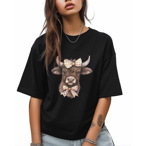 T Shirts for Women Short Sleeve Cotton Crewneck T-Shirt, Cute Cows and Yellow Bows Tee Tops Casual Basic T-Shirts, XS-5XL Black M