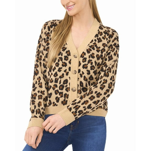 CeCe womens  Leopard Jacquard Wool-Blend Cardigan, m, Yellow