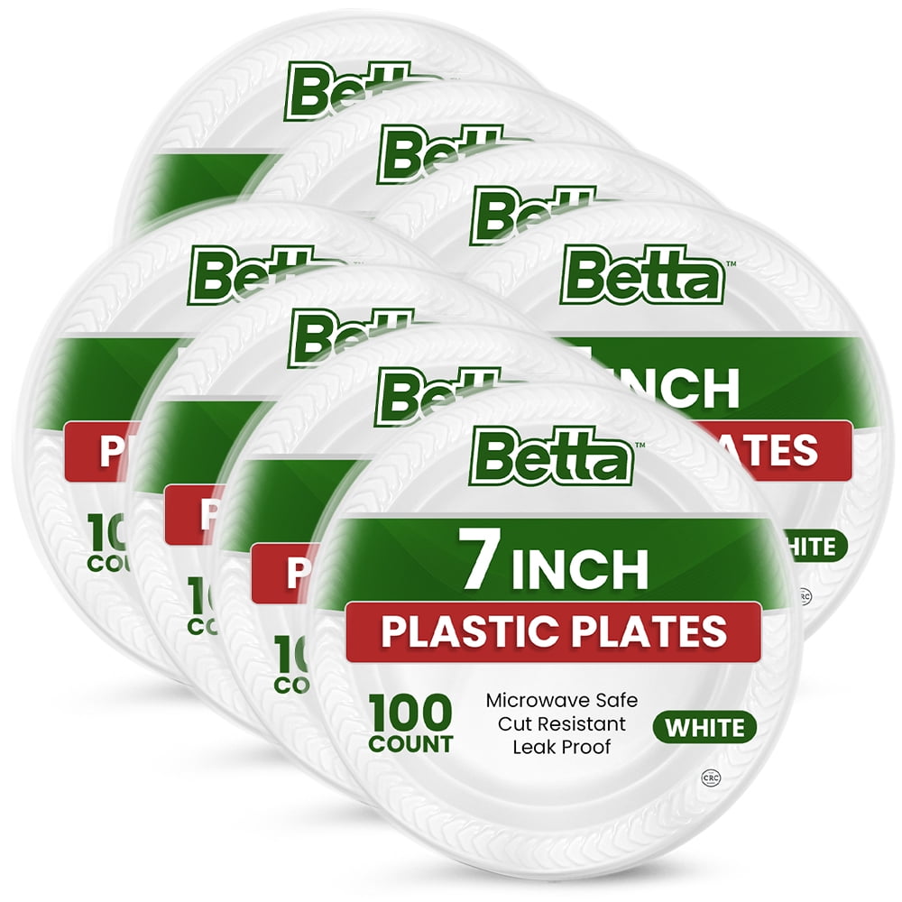 Betta 7-Inch Disposable Plastic Dessert Plates, White, 800 Count, Bulk Case, Microwave Safe (8 Pack Per Box x100)