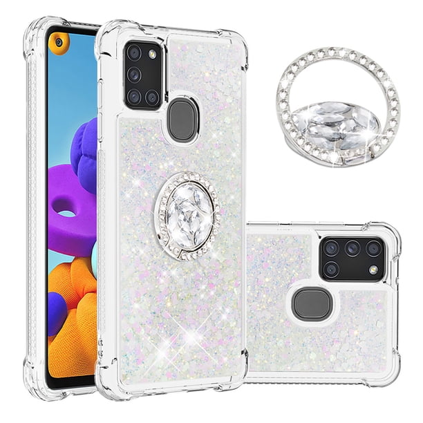 Funda para Samsung Galaxy A21S con Brillo Líquido Flotante, Purpurina, Parachoques y Anillo Giratorio Soporte