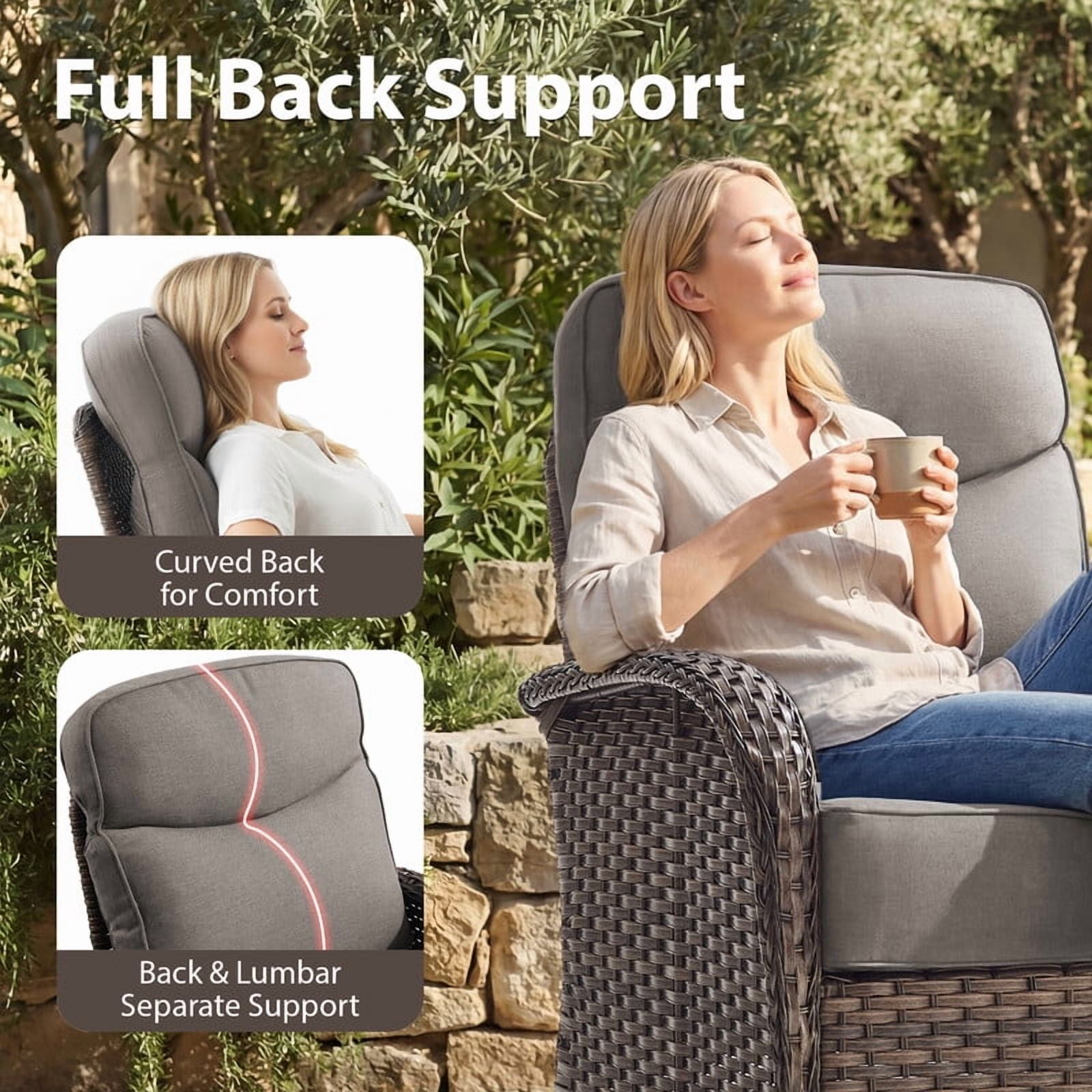 Giantfurnni 3-Piece Patio Wicker Swivel Rocking Chairs with Side Table Outdoor Rattan Conversation Furniture Patio Bistro Set with 6" Thick Cushions for Porch Garden Deck, Gray