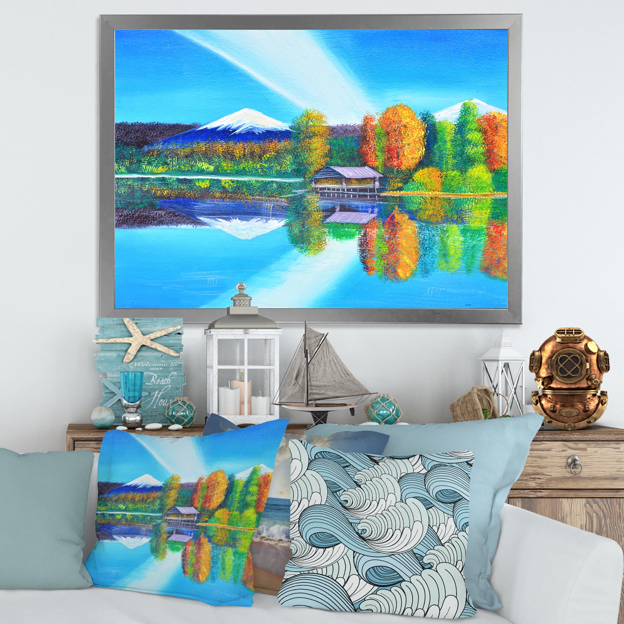 Designart 'Reflection Of Mountain and Sky On The Lake Water' Nautical & Coastal Framed Art Print