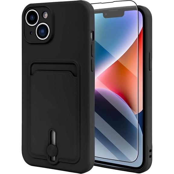 TPU Wallet iPhone 14 Case, Card Holder Camera Protection Cover Screen Protector, Push-able Card Slot Case Compatible with iPhone 14 Phone Case Girls Women -Black