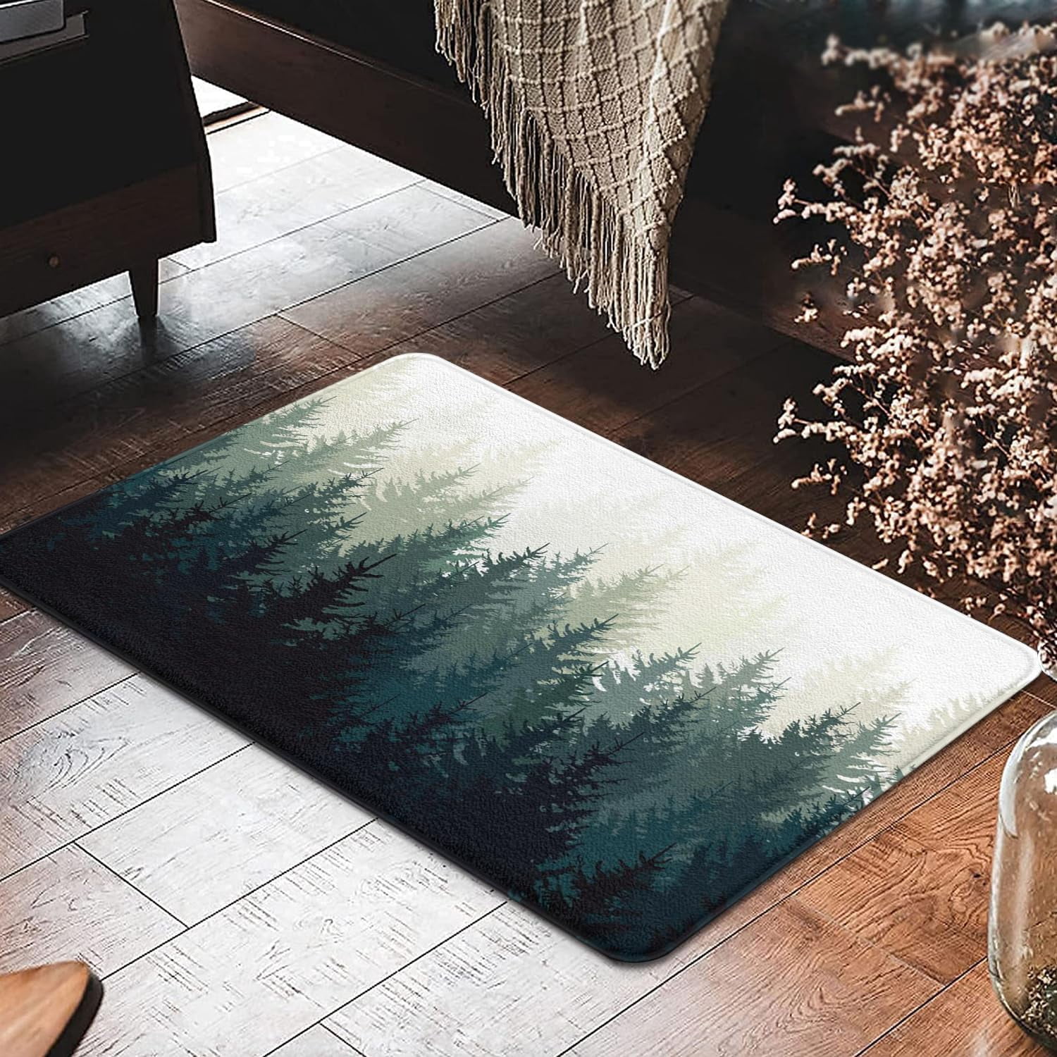 Misty Forest Bathroom Rugs Nature and Woodland Bath Mat Non-Slip Water Absorbent Bath Rug Soft Microfiber Floor Mats for Bathroom Tub and Shower Room Blue