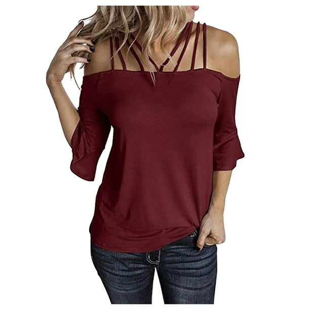 nsendm Womens Shirt Female Adult Medium Pack Women Tops Off Shoulder Daily  Fashion Shirt Tops Womens Short Sleeved Athletic Tops (Red, L) 