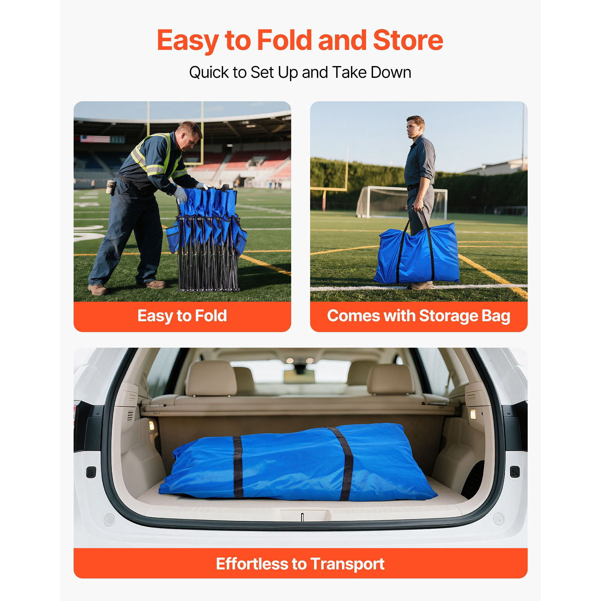 Portable Folding Bench, 6 Seat Foldable Soccer Bench with Side Pockets and Carrying Bag, Lightweight Sideline Seating with Back Rest for Football, Baseball, Camping, Outdoor Events, Blue