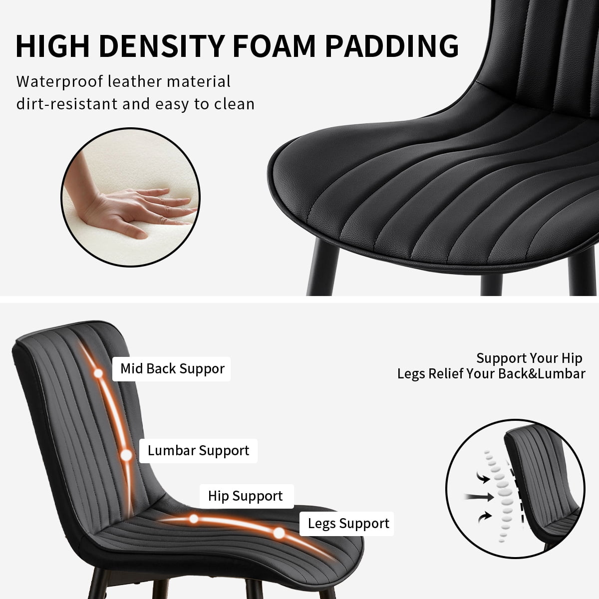 L'AGRATY Modern Dining Chairs Set of 2, High Back PU Leather Upholstered Kitchen Chairs with Cushion - Heavy Duty Metal Legs for Dining Room, Restaurant, Cafe (Black)