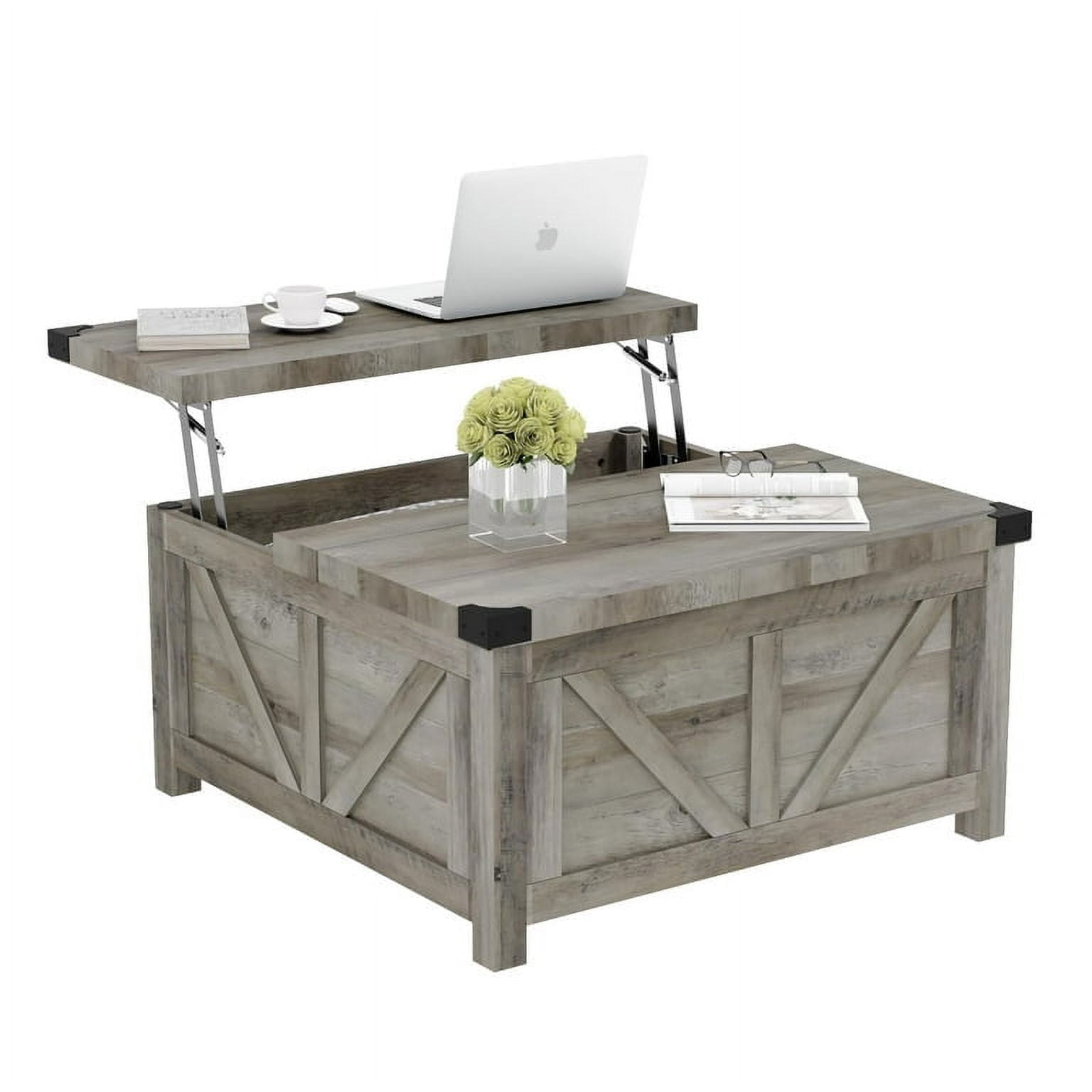ChVans 35.6" Square Lift Top Coffee Table, Farmhouse Coffee Table with Storage & Charging Ports, Wood Center Table w/Large Hidden Space for Living Room Home Office