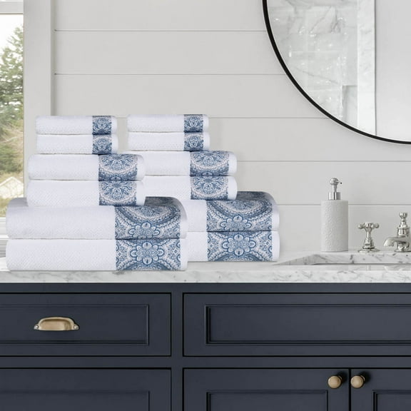 Blue Nile Mills Medallion Turkish Cotton 12 Piece Towel Set, White/ Navy Blue