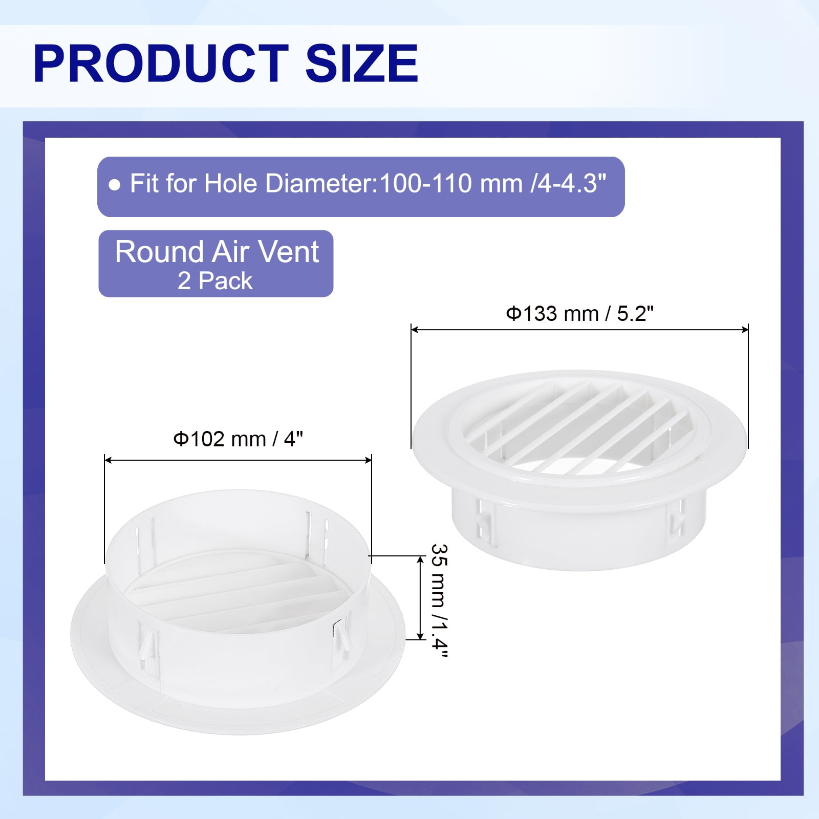 Round Air Vent 4" (102mm), ABS Vent Cover Louver Grille Vent for Bathroom Office Kitchen Bedroom, White, 2 Pack