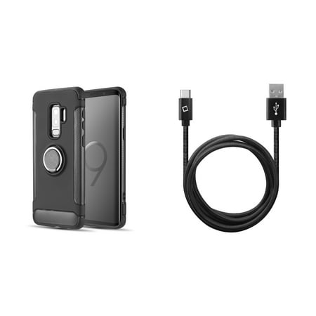 - Carbon Edge Galaxy S9 Plus Case Bundle with Swivel Ring Kickstand Holder (Black), 10 Foot Heavy Duty Nylon Braided Type-C USB Cable, Atom Cloth for Samsung Galaxy S9+ Plus