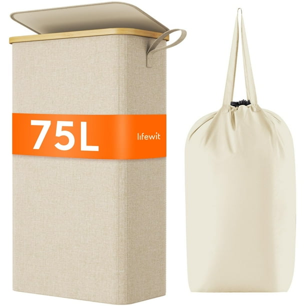 Cesto de ropa Lifewit de 75 litros con tapa y bolsa extraíble, color beige