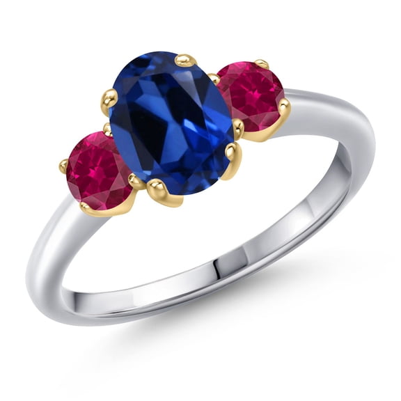Gem Stone King 925 Silver and 10K Yellow Gold Blue Created Sapphire and Red Created Ruby Engagement Ring for Women | 2.10 Cttw | Oval 8X6MM | Gemstone September Birthstone | Size 8